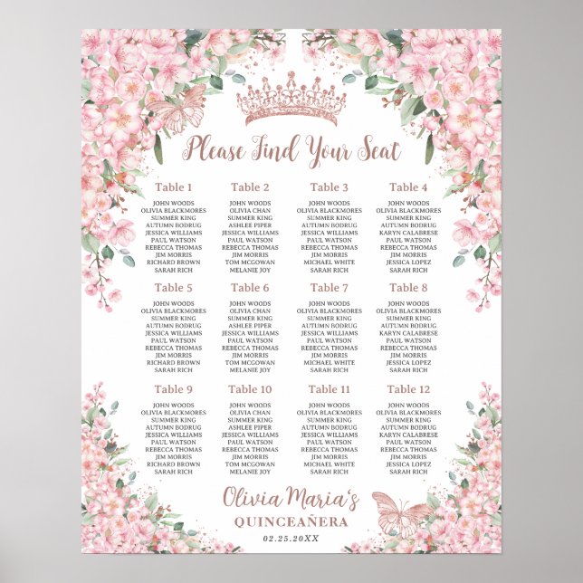 Poster Cherry Blossomo Rosa Dourado Quinceanera Seating (Frente)