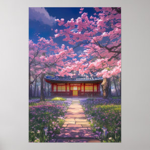Poster Cherry Blossoms e um Templo Tradicional