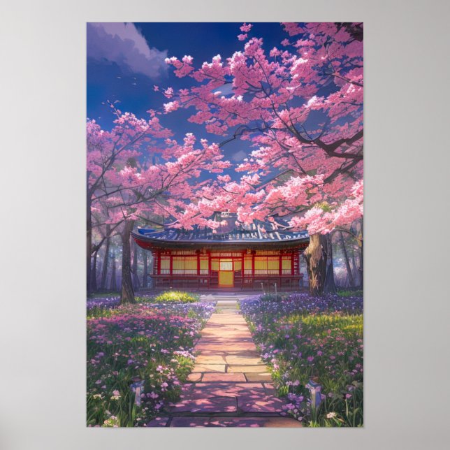 Poster Cherry Blossoms e um Templo Tradicional (Frente)