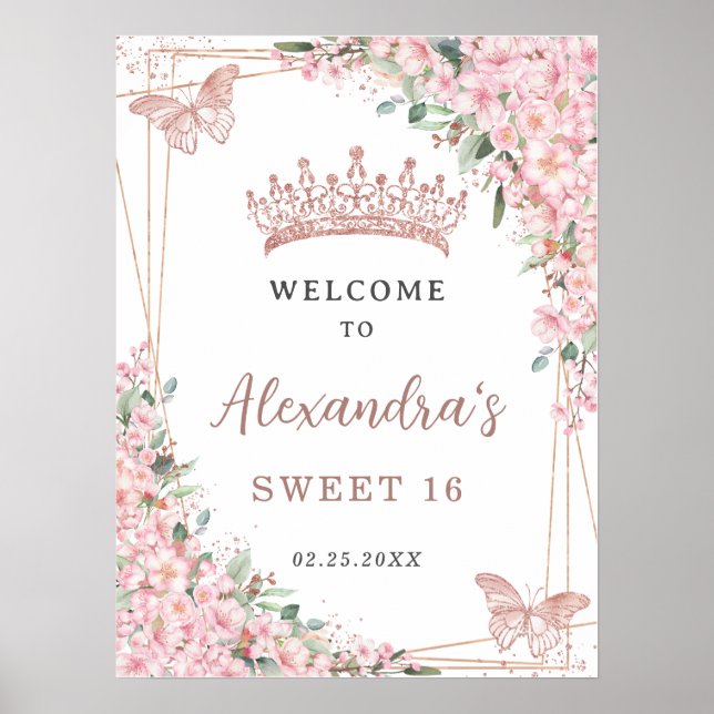 Poster Cherry Blossoms Rosa Butterflies Dourados Sweet 16 (Frente)