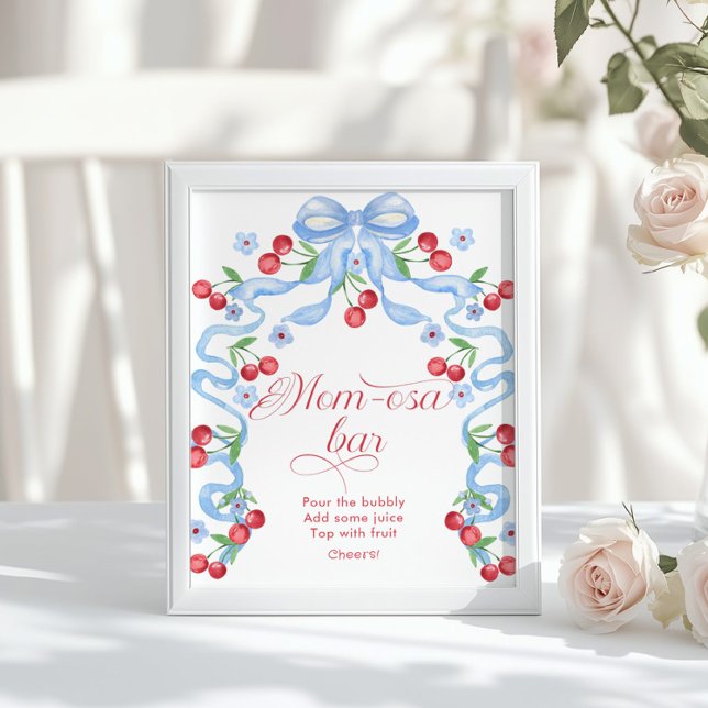 Poster Cherry Blue Bow Momosa bar chá de bebê (Criador carregado)