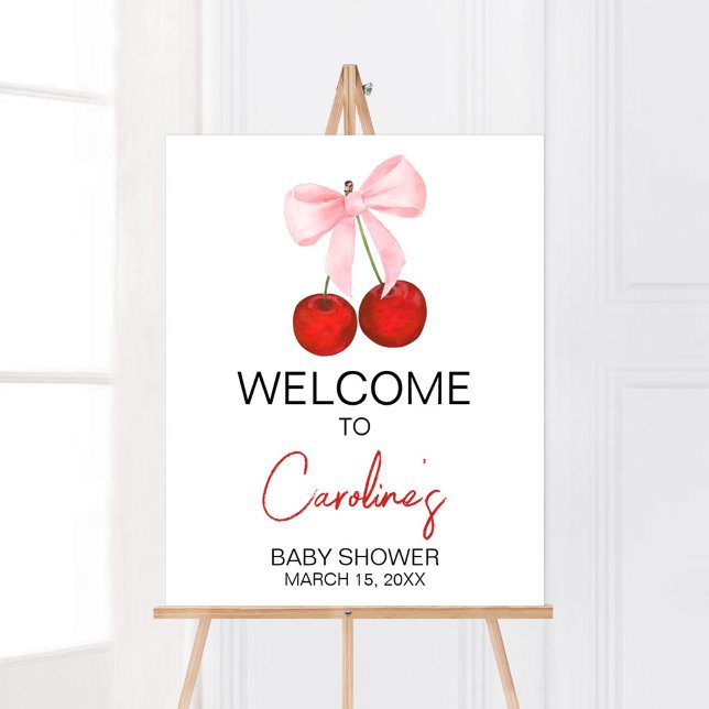 Poster Cherry on Top Chá de fraldas Welcome (Cherry on Top Pink Bow Baby Shower Welcome Sign)