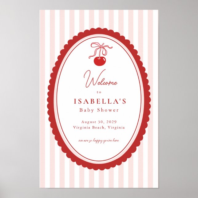 Poster Cherry on Top Coquette Bow Baby Shower Welcome  (Frente)