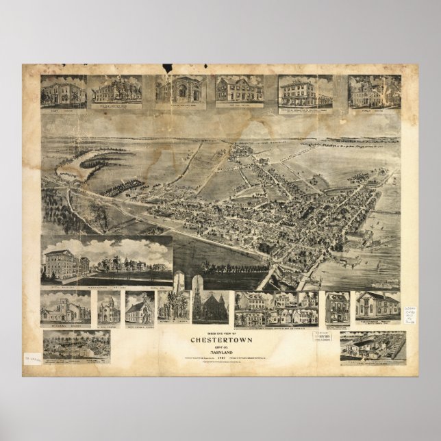 Poster Chestertown Maryland 1907 Antique Panoramic Map (Frente)