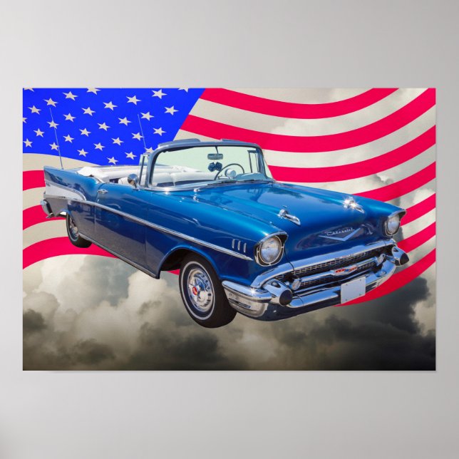 Poster Chevrolet Bel Air 1957 com bandeira americana (Frente)