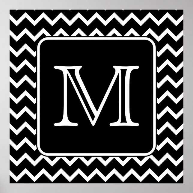 Poster Chevron Preto e Branco com Monograma Personalizado (Frente)