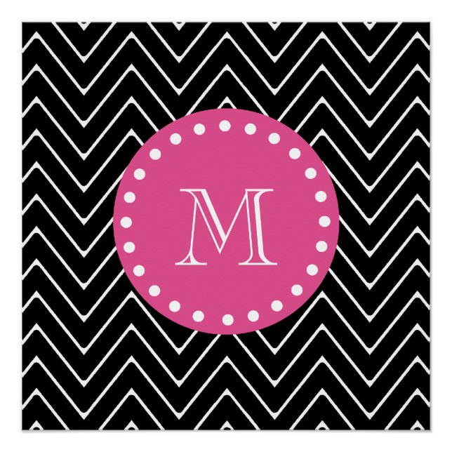 Pôster Chevron Rosa-Quente, Preto e Branco | Seu Monogram (Frente)
