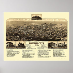 Pôster Cheyenne, mapa panorâmico de WY - 1882
