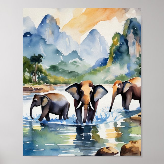 Poster Chiang Mai Thailand Elephants Watercolor (Frente)