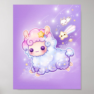 Pôster Chibi alpaca, bonito com estrela cadente kawaii
