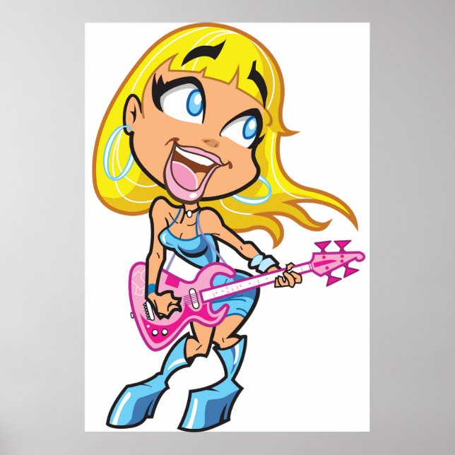 Poster Chibi Blonde Girl Rocker Playing Pink Bass Guitar (Frente)