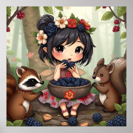 Poster Chibi Fairy Eating Blackberries with Forest Friend