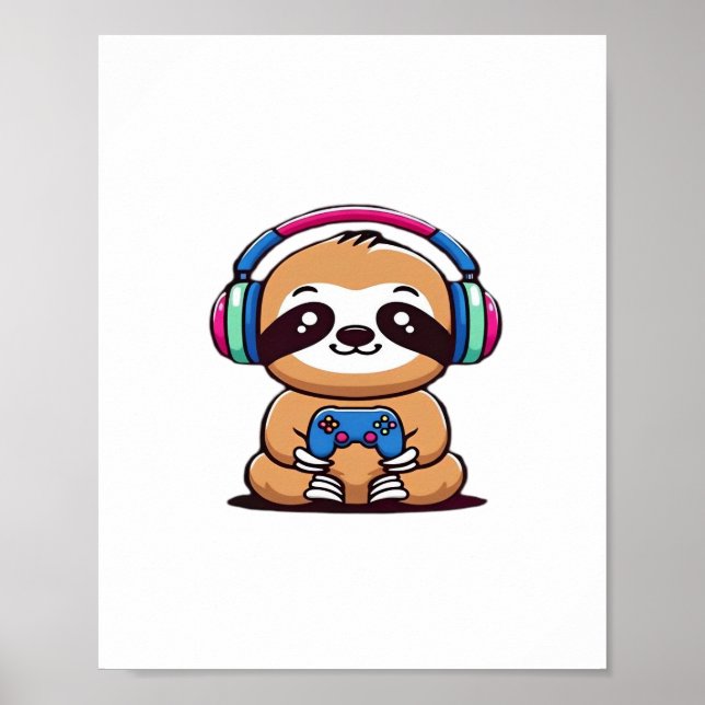 Poster Chibi Kawaii Sloth Gamer - Cute Funny Animal com (Frente)