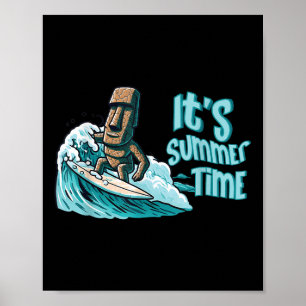 Poster Chibi Moai Surfing Summer Time Ocean Beach Ocean S