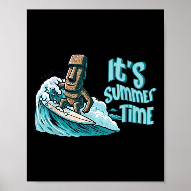 Poster Chibi Moai Surfing Summer Time Ocean Beach Ocean S (Frente)