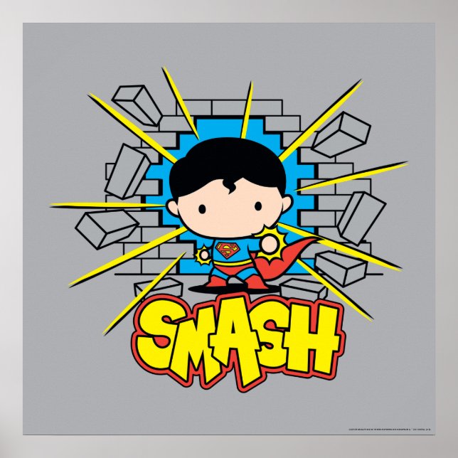 Pôster Chibi Superman Smashing Através da Parede de tijol (Frente)