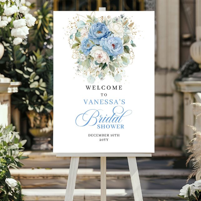 Poster Chic Azul e Dourado Bem-vindo ao Chá de Bebê da No (Chic Blue and Gold Bridal Shower Welcome)