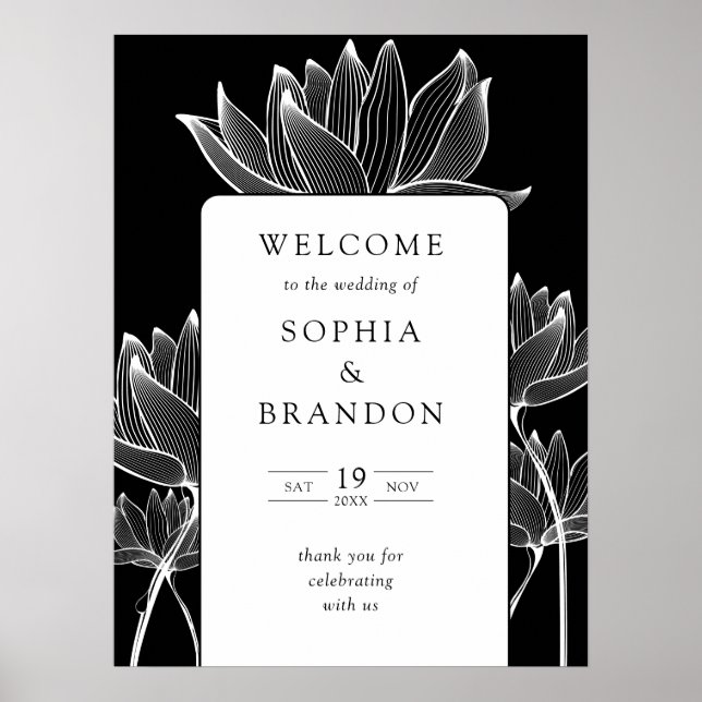 Poster Chic Black and White Floral Weding Sinal De Boas-V (Frente)