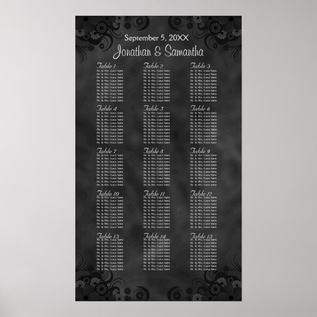 Pôster Chic Black Floral 15 Mesas De Casamento (Frente)