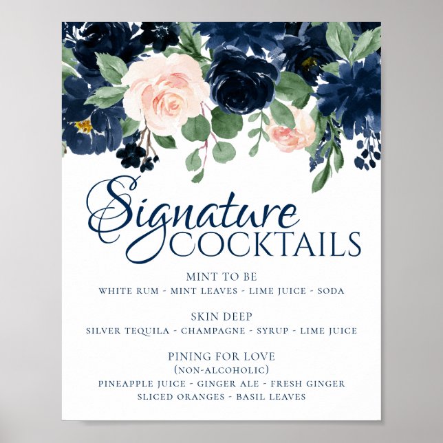 Poster Chic Blooms | Bebidas Signature Azul Marinho e Ros (Frente)