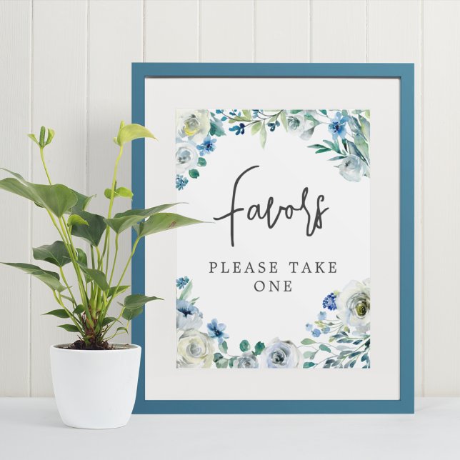 Poster Chic Blue Floral Handwritten Script Wedding Favors (Criador carregado)