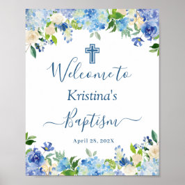 Poster Chic Blue Hydrangea Floral Baptism Sinal de boas-v