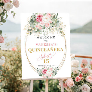 Poster Chic blush floral dourado pastel Quinceañera bem-v