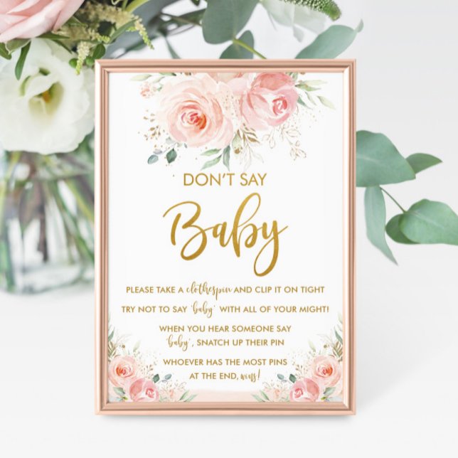 Poster Chic Blush Floral Rosa Elegante Não Diga Jogo de B (don't say baby game sweet blooms blush pink floral flowers gold girl baby shower activities )