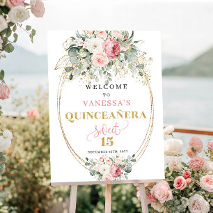 Poster Chic Blush Floral Verde Quinceañera Bem-vindo