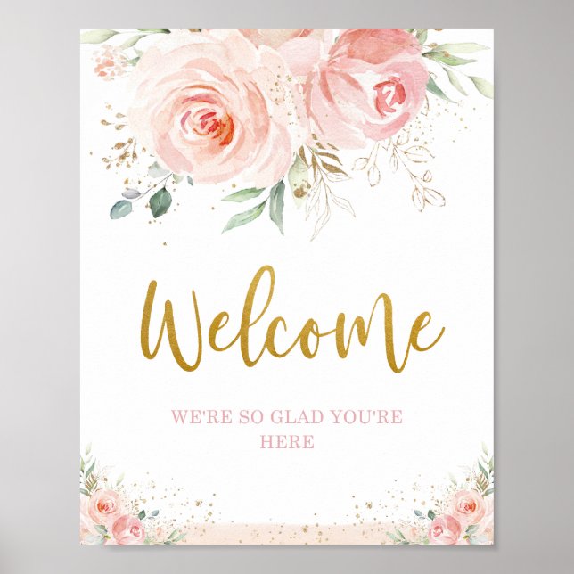 Poster Chic Blush Pink Floral Greenery Gold Welcome Sign (Frente)
