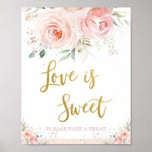 Poster Chic Blush Rosa Floral Amor é Doce Pegue um Tratam