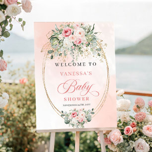 Poster Chic Boêmio Rosa Floral Bem-vindo ao Chá de Bebê