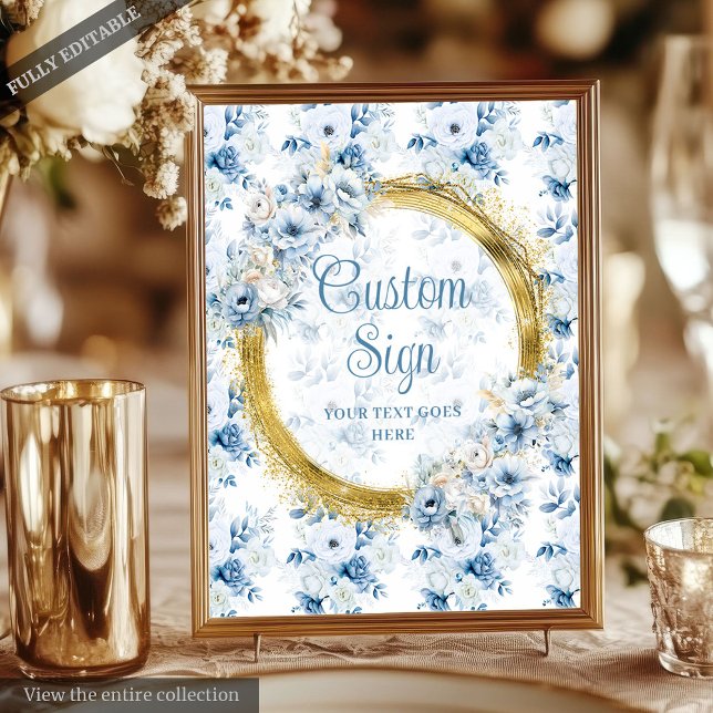 Poster Chic Boho Pastel Blue Dourado Tabletop Personaliza (Chic Boho Pastel Blue Gold Wedding Custom Tabletop Poster)