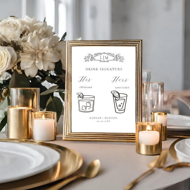 Poster Chic Botanical crest Signature Drink Wedink Sign (Criador carregado)