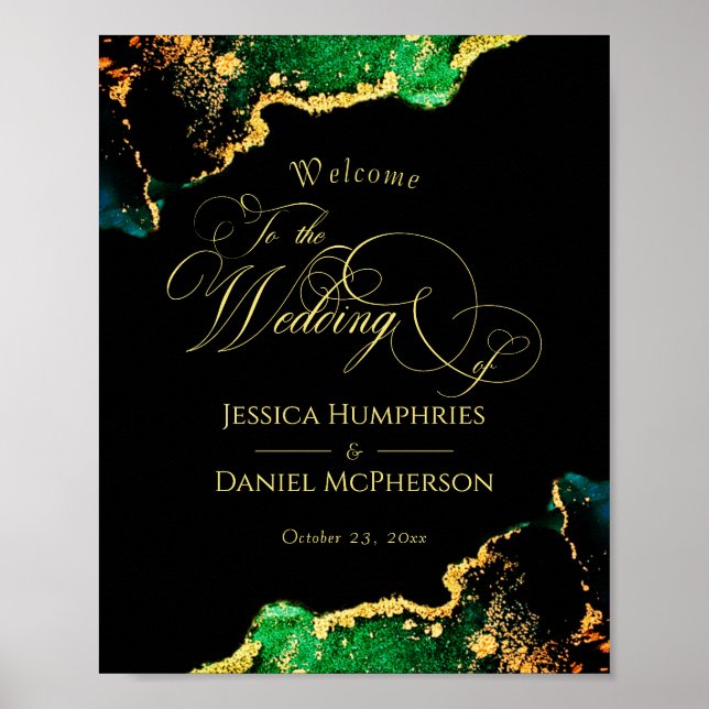 Poster Chic Bronze Black Green Gold Wedding Welcome Sign (Frente)