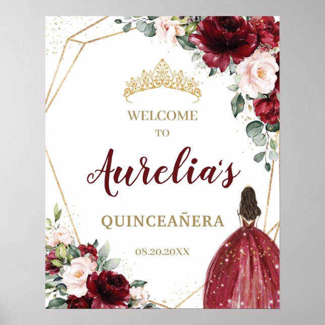 Poster Chic Burgundy Blush Floral Quinceañera Bem-vindo (Frente)