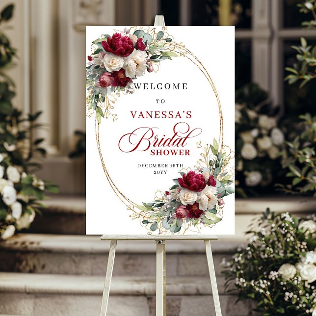 Poster Chic Burgundy Floral Dourado Bem-vindo ao Shover N (Chic Burgundy Floral Gold Bridal Shover Welcome)