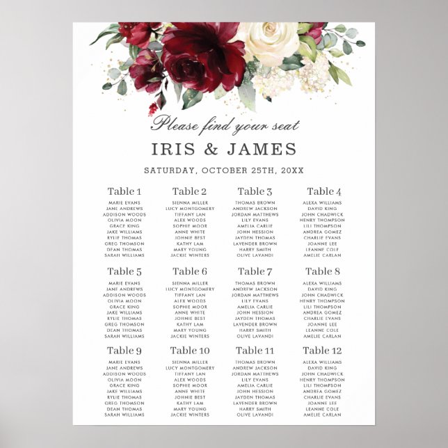 Poster Chic Burgundy Ivory Floral Casamento (Frente)