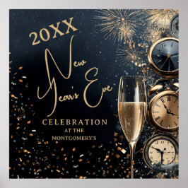 Poster Chic Champagne and Clocks New Year's Eve Party