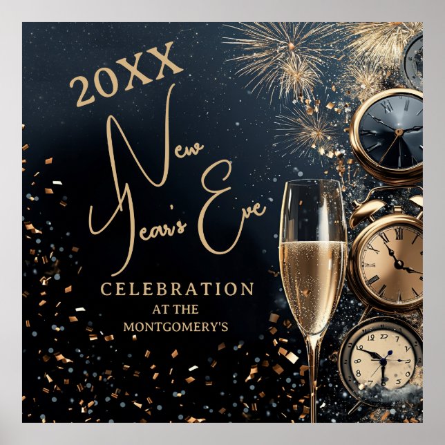 Poster Chic Champagne and Clocks New Year's Eve Party (Frente)