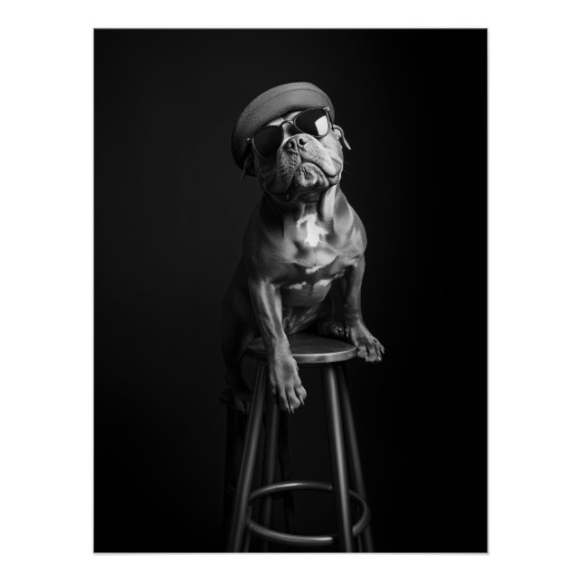Pôster Chic Dog Portrait - Bulldog in Beret and Shades (Frente)
