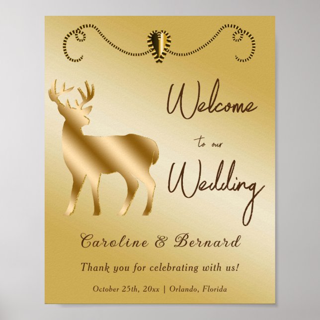 Poster Chic Dourado Heart & Dourado Glitter Deer Sinal de (Frente)