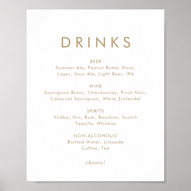 Poster Chic Dourado Tipografia Drinks Menu Sinal (Frente)