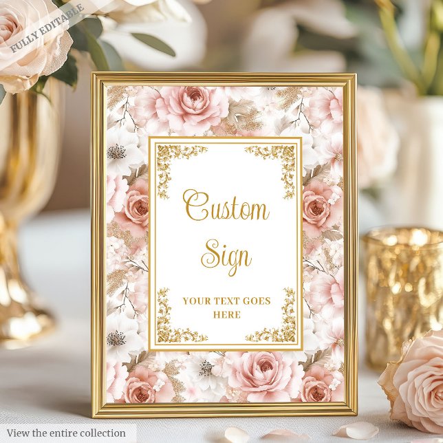 Poster Chic Dusty Pink Flowers Dourado Sinal de Tabletop  (Elegant dusty pink flowers gold custom sign)