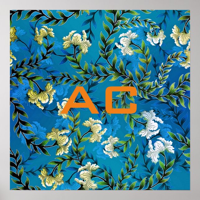 Poster Chic Floral Azul do Monograma Moderno (Frente)