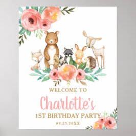 Poster Chic Floral Woodland Animal primeiro aniversario B