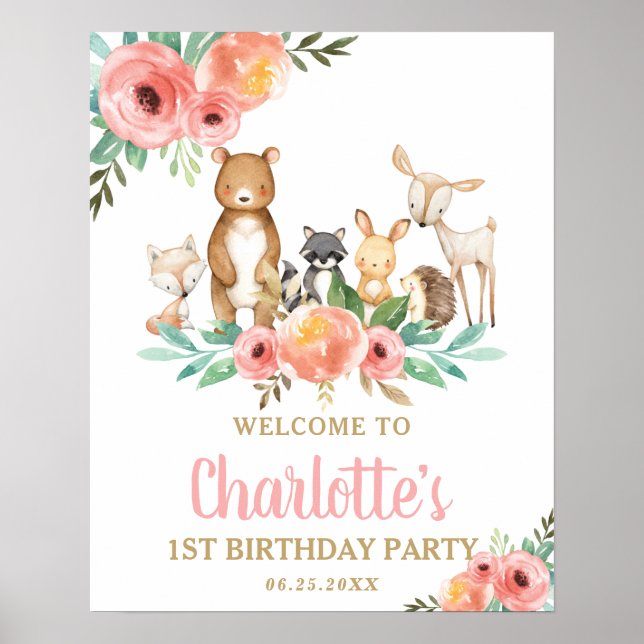 Poster Chic Floral Woodland Animal primeiro aniversario B (Frente)