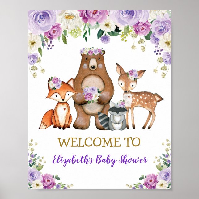 Poster Chic Floral Woodland Chá de fraldas Birthday (Frente)