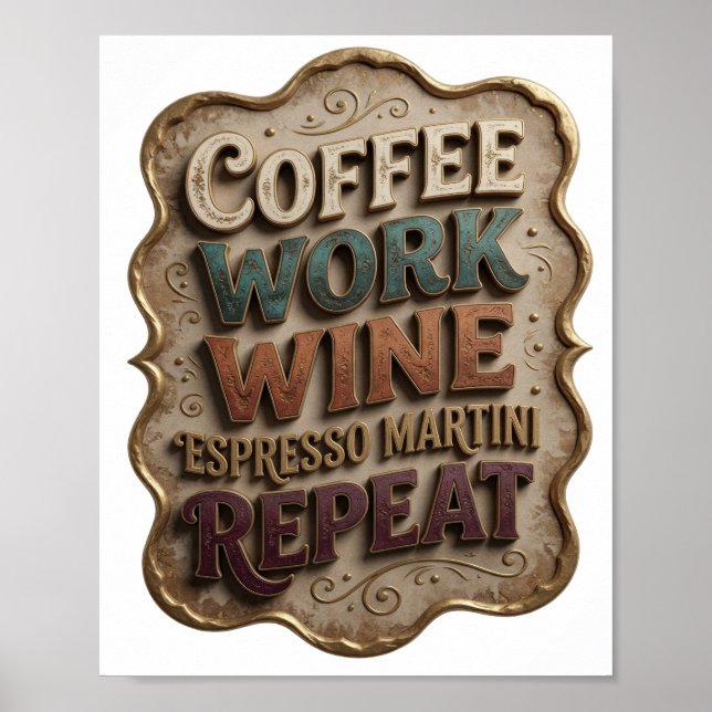 Poster Chic Gold CAFÉ TRABALHO VINHO ESPRESSO MARTINI REP (Frente)