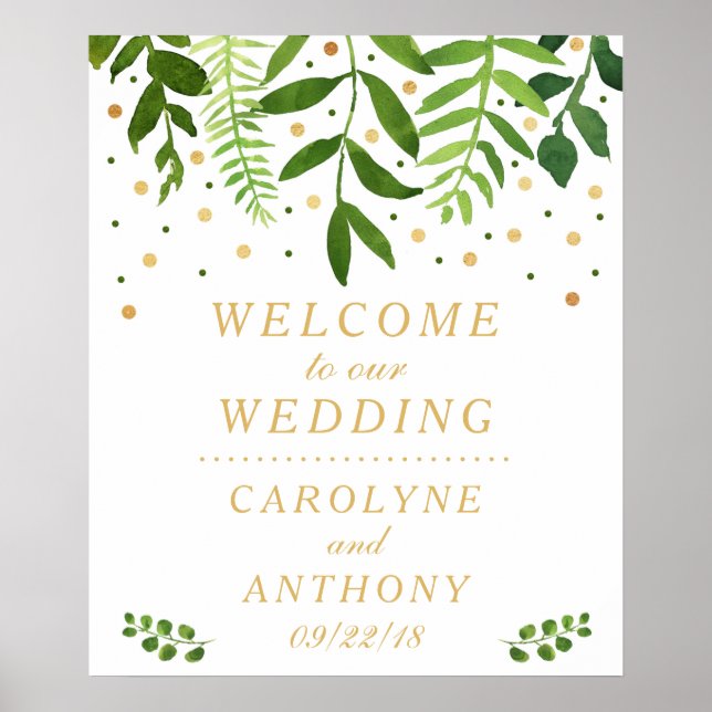 Poster Chic Greenery & Gold Foil Weding Sign (Frente)